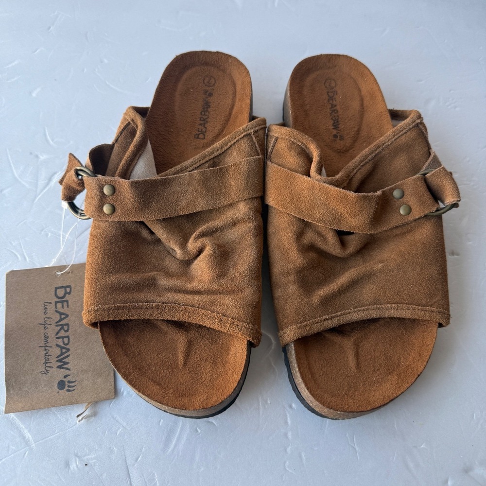 Bearpaw Womens 7 Hickory Brown Suede Slide Sandals Buckle‎ Accent 02430-17 NEW